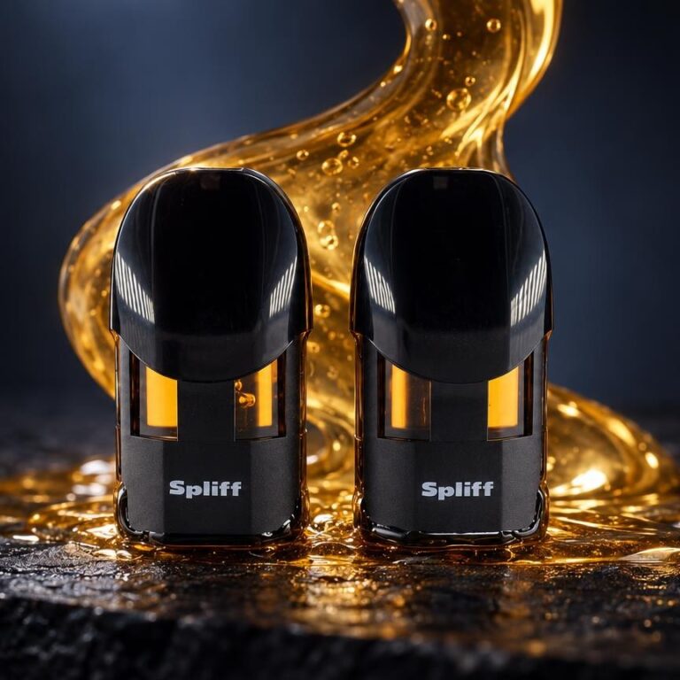 Twee zwarte cartridges met goudkleurige vloeistof en gouden druppels op donkere ondergrond, introductie tot wat zijn terpenen