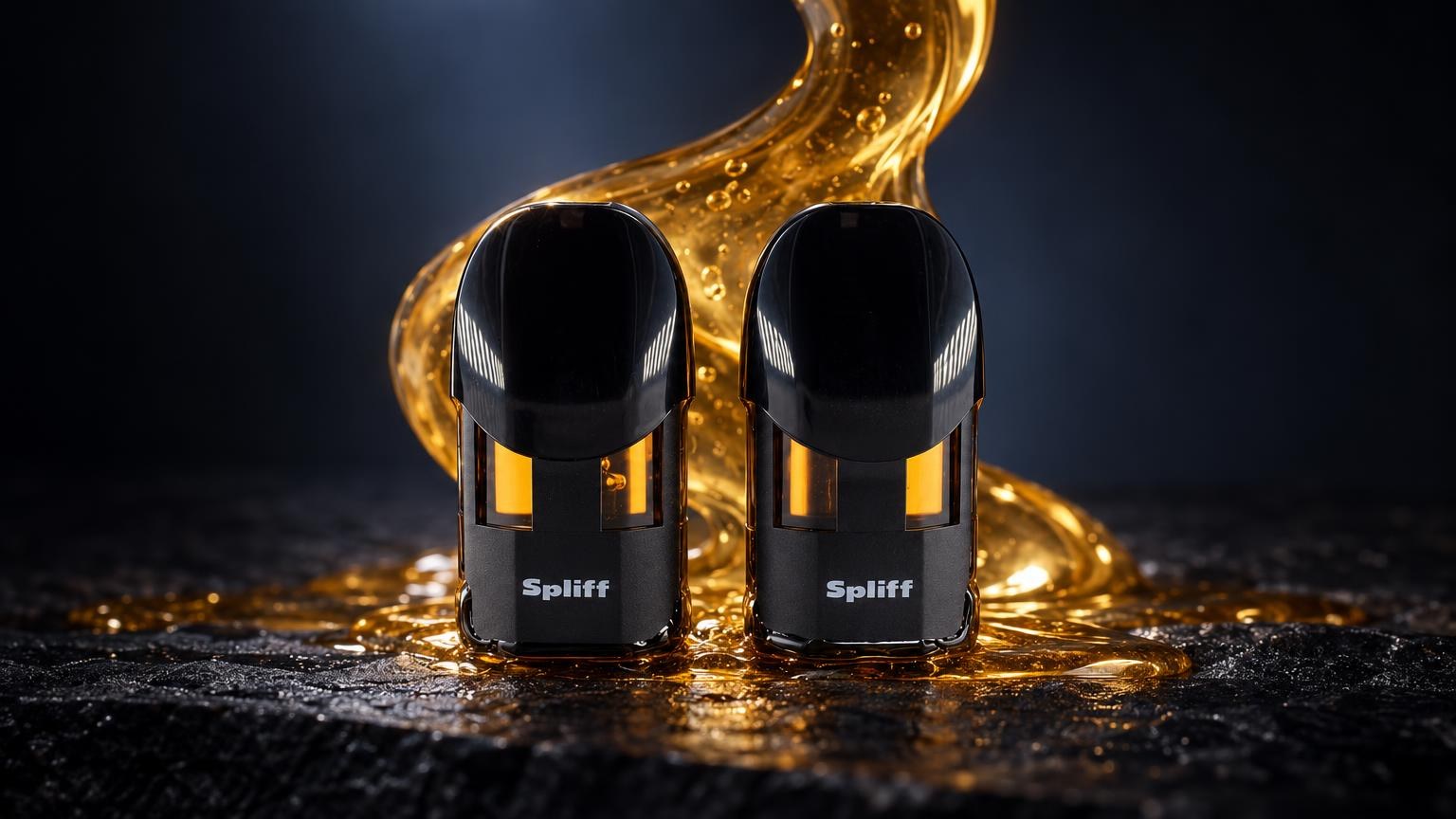 Twee zwarte cartridges met goudkleurige vloeistof en gouden druppels op donkere ondergrond, introductie tot wat zijn terpenen