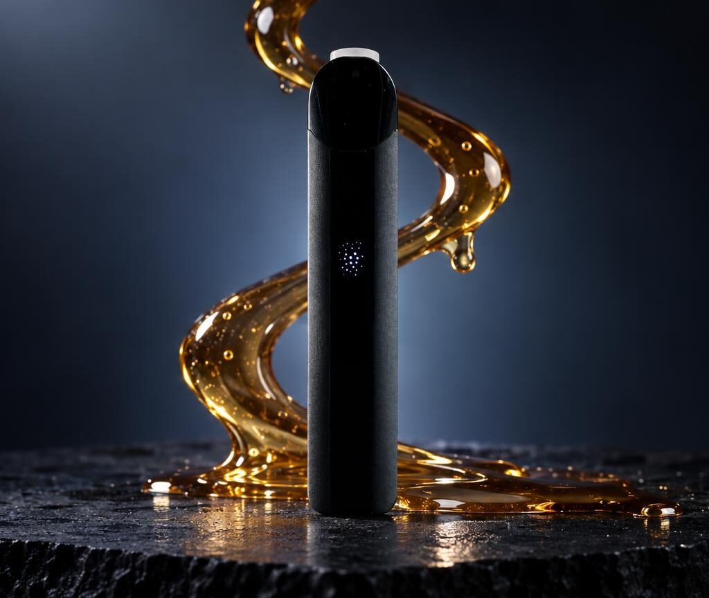 Zwart cilindrisch vaporiserapparaat met gouden vloeistofstromen eromheen op donkere achtergrond