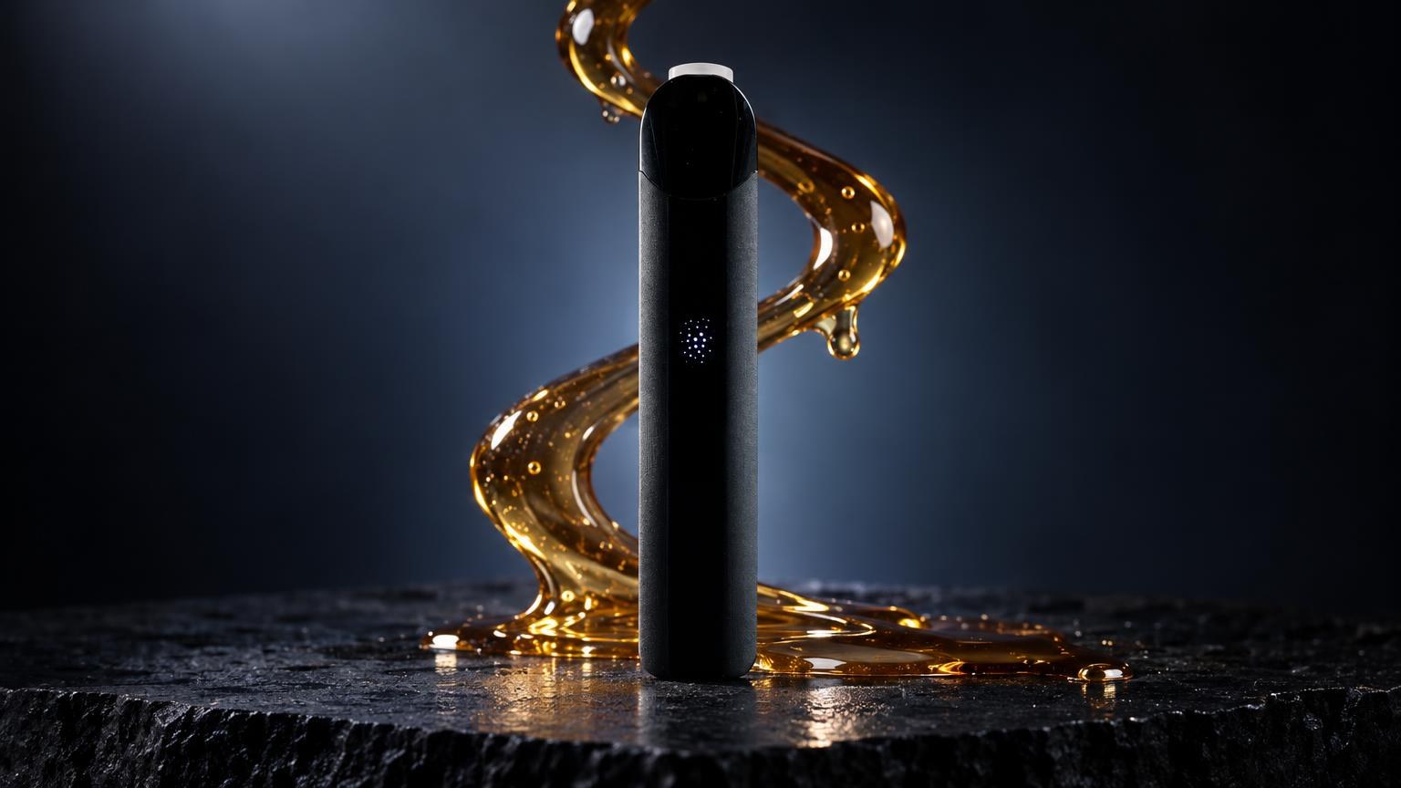 Weed vape: zwart cilindrisch vaporiserapparaat met gouden vloeistofstromen eromheen op donkere achtergrond