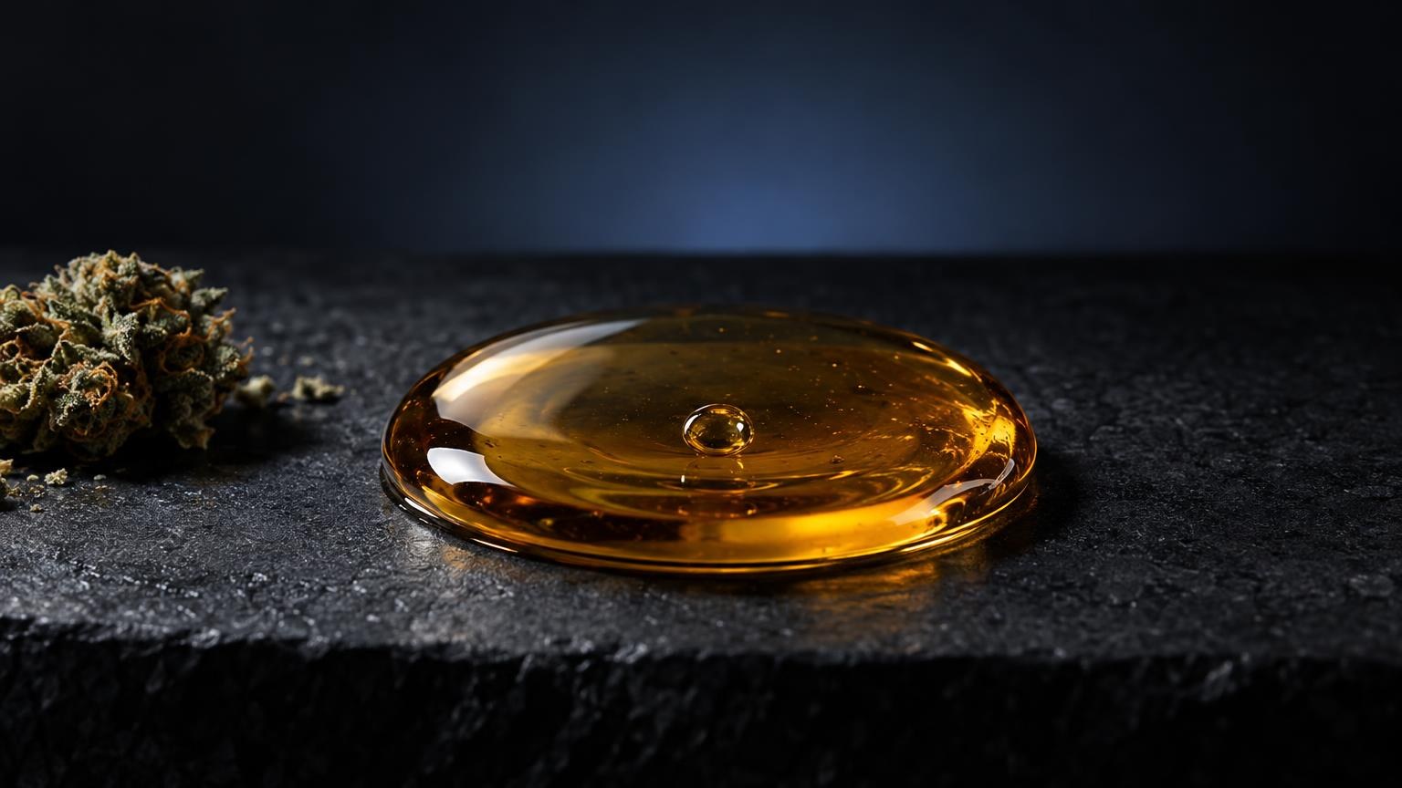 Goudkleurige vloeistof op donker oppervlak, naast cannabisknoppen, weed vape-context