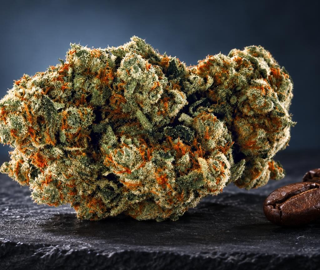 Amnesia-bloemen met dichte kristallijne structuur in groene en oranje tinten naast cacao-bonen op zwarte ondergrond