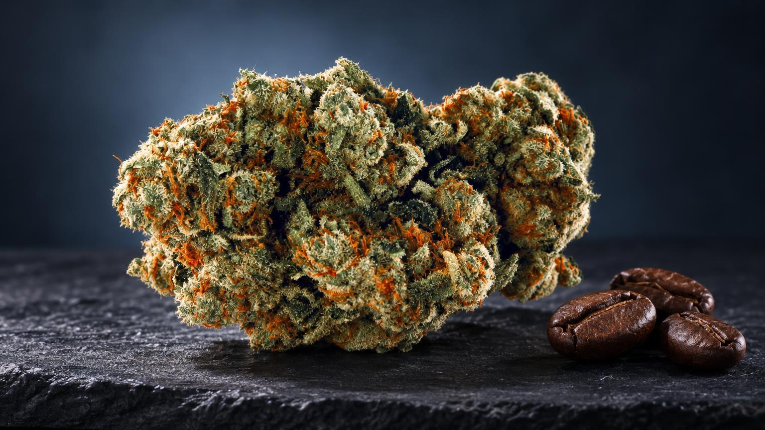 Amnesia-bloemen met dichte kristallijne structuur in groene en oranje tinten naast cacao-bonen op zwarte ondergrond