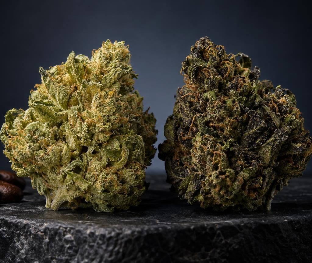 Twee gedroogde cannabistoppen naast koffiebonen op donkere steen, één lichtgroen en één donkerbruin van kleur