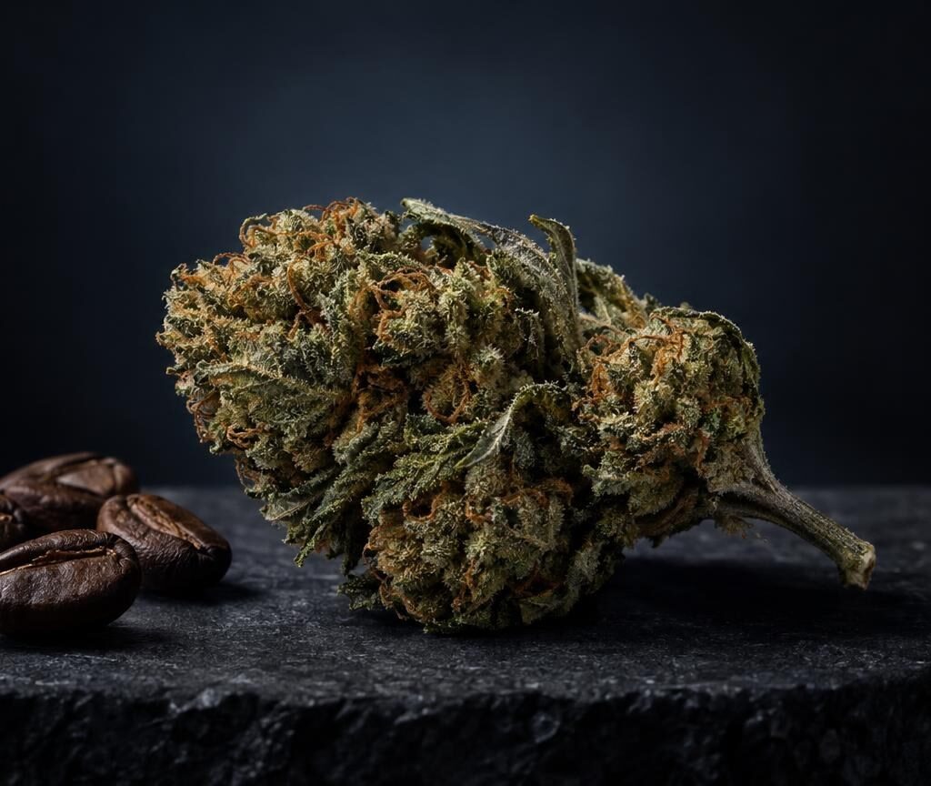Wiet pot avec fleurs séchées et graines de cannabis sur surface noire, fond sombre