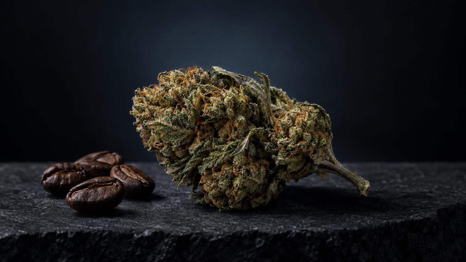 Wiet pot avec fleurs séchées et graines de cannabis sur surface noire, fond sombre