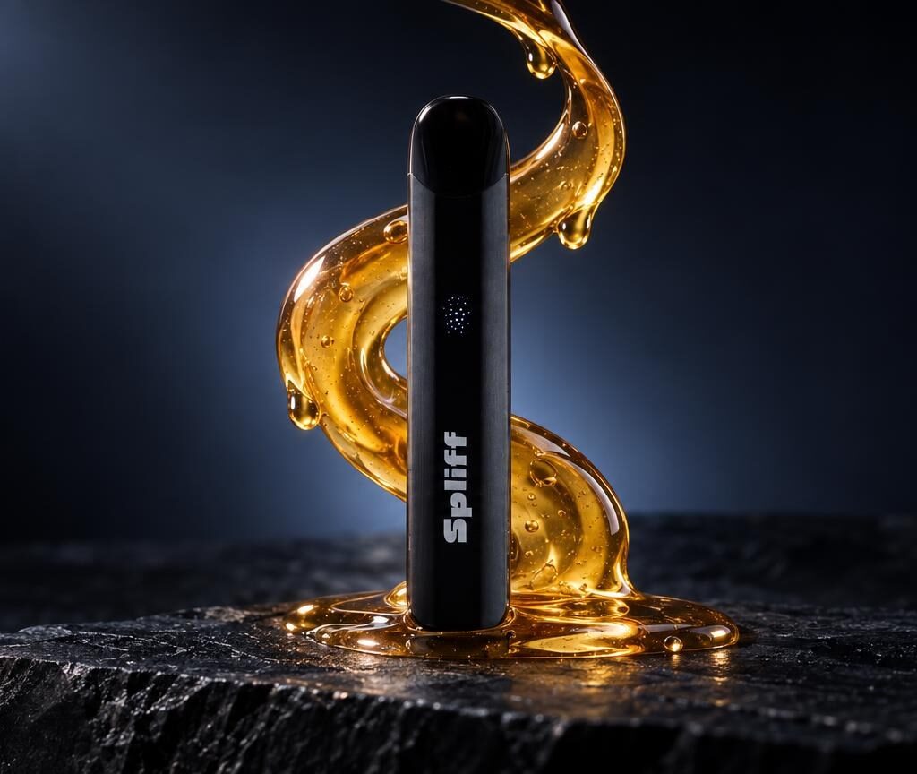 Zwarte pen-vormige vape met gouden vloeistof eromheen op donkere ondergrond, illustreert vape-opties voor wiet vape kopen