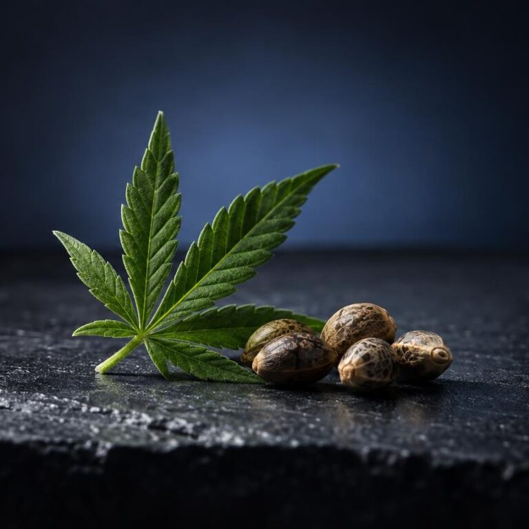 Cannabisblad met drie bruine zaden op donkergrijs oppervlak, introductie tot wietolie kopen